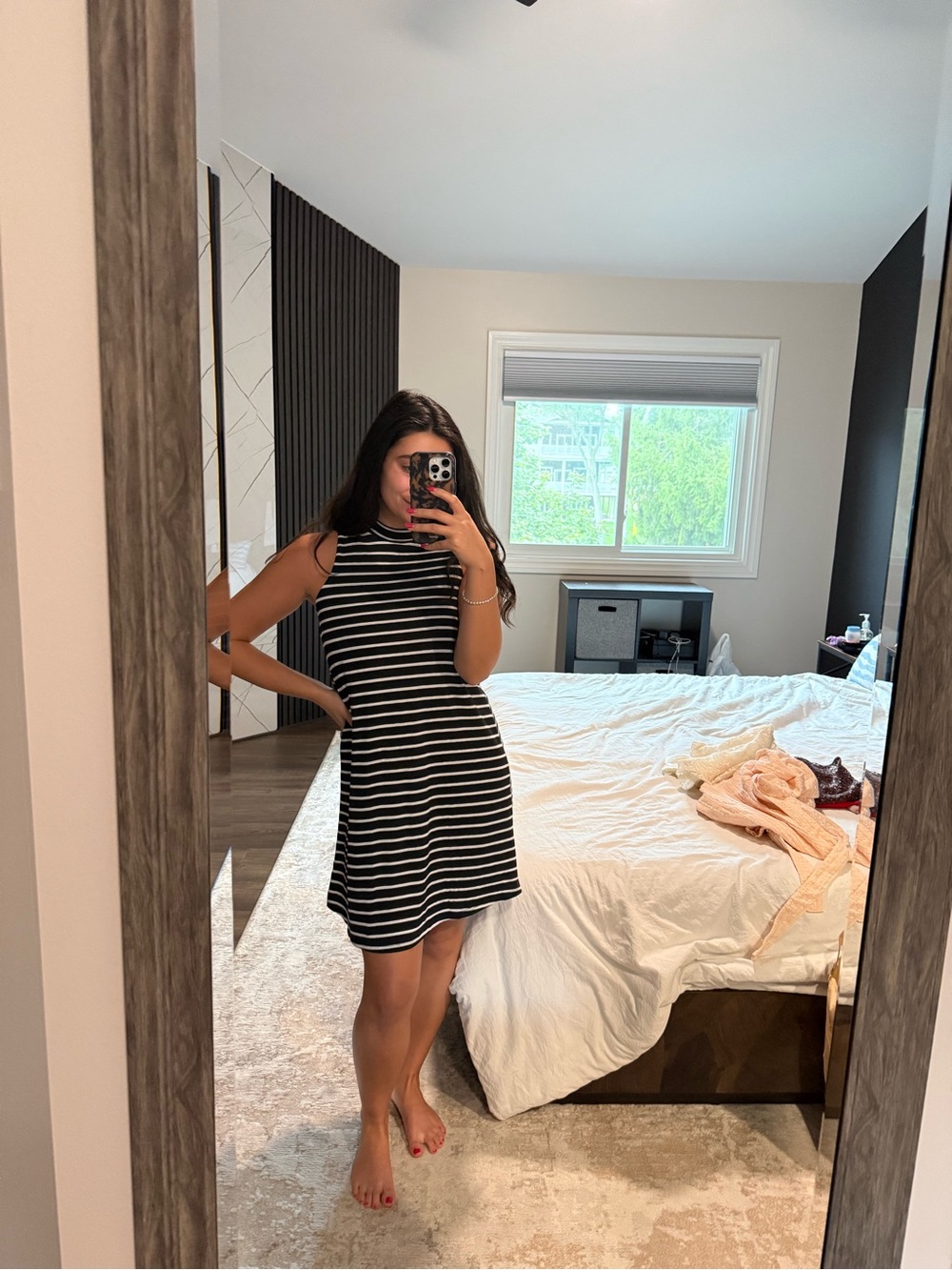 MCM Black and White Striped Sleeveless A-Line Dress